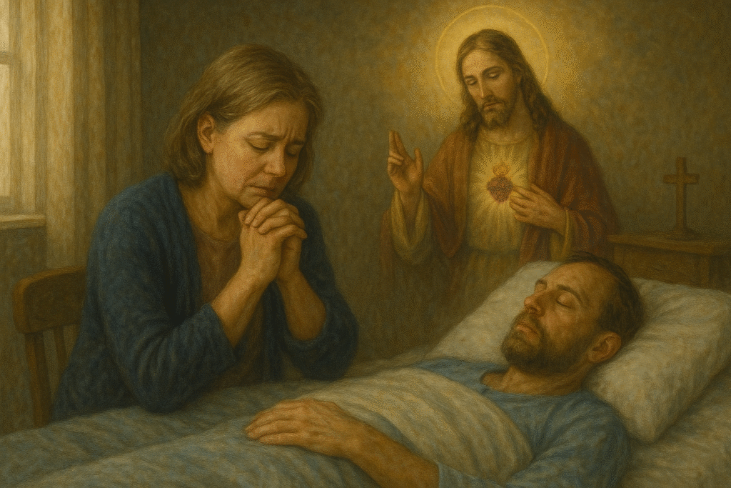 Prayer for a Sick Person, Catholic prayers for healing, prayer for the sick, prayer for recovery, prayer for strength in illness, prayer for caregivers, daily prayer Christian, Catholic prayers for health, prayer for peace in suffering, prayer for physical healing, prayer for spiritual healing, Mary Health of the Sick prayer, Jesus Divine Physician prayer.