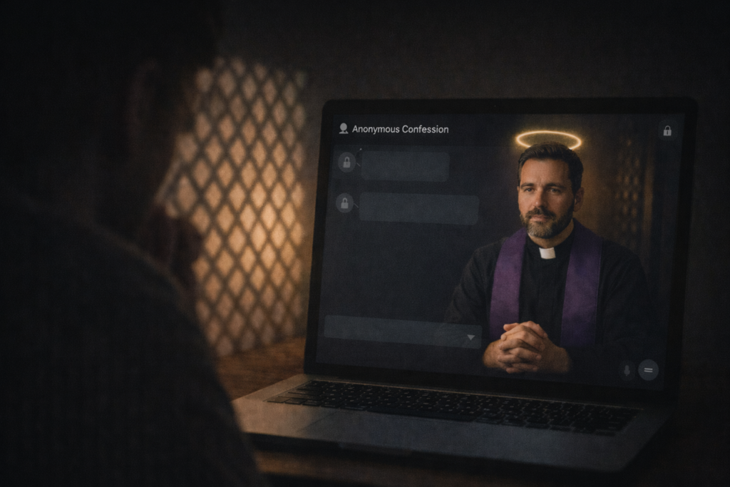 anonymous AI priest chat, virtual Catholic confession, AI spiritual guidance, digital sacrament reconciliation, confidentiality online priest, AI absolution Catholic, pastoral care AI, faith questions AI clergy, online repentance support, theological AI advice