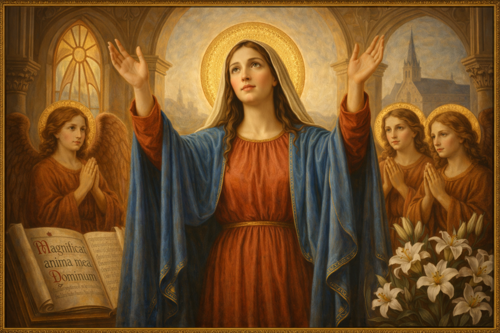 Magnificat, Canticle of Mary, Catholic biblical prayers, Catholic evening prayer, Vespers, Song of Mary, prayer of thanksgiving, prayer for humility, prayer for social justice, prayer for the poor, Luke 1:46-55, Visitation, Marian prayers of praise.