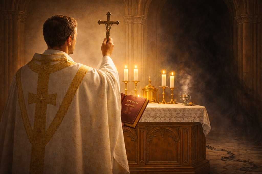 Rite of Exorcism, Catholic exorcism prayer, Major Exorcism text, Rituale Romanum, Litany of the Saints, prayer for deliverance, spiritual warfare prayers, casting out demons, Athanasian Creed, prayer against possession, solemn exorcism formula.